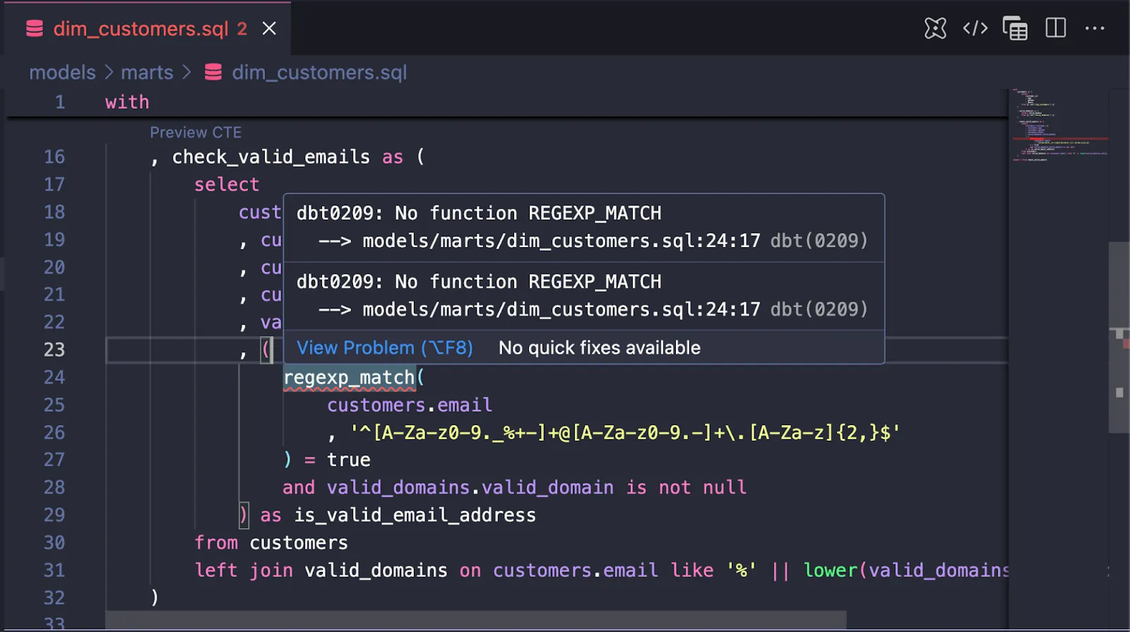 dbt Fusion error detection in VS Code showing SQL validation catching type mismatches and column errors before execution