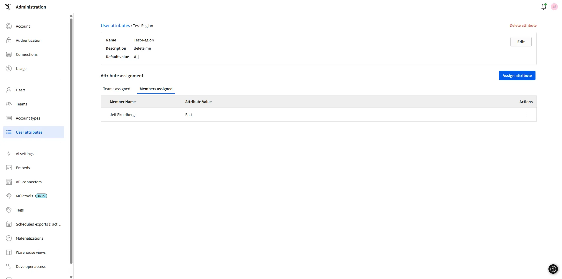 Sigma admin screen showing per-user attribute configuration used to pass account and authorization context into Snowflake